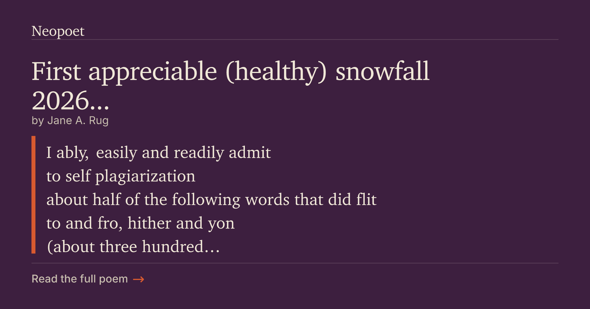 Appreciable First appreciable (healthy) snowfall 2026... | Neopoet
